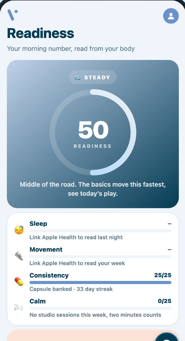 Readiness screen showing a score of 50 with sleep, movement, consistency and calm breakdown