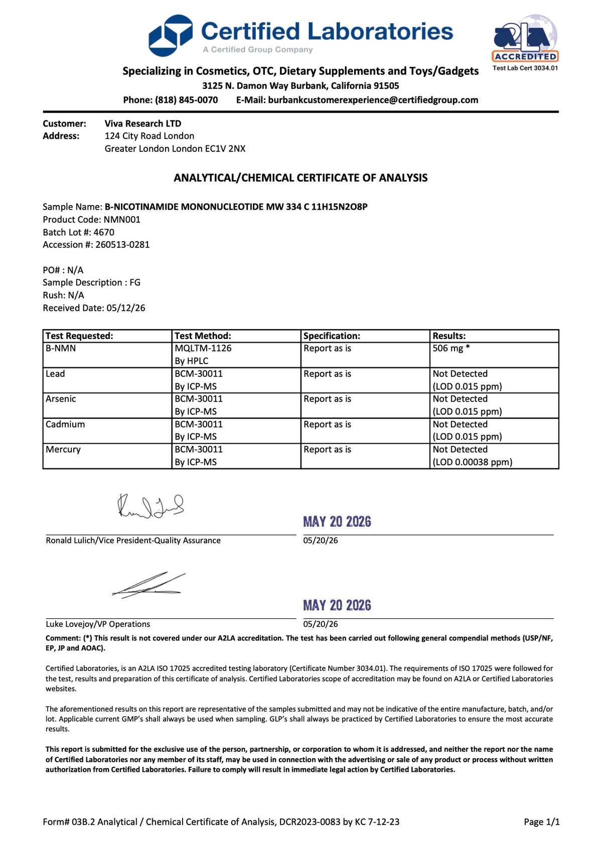 Independent laboratory certificate of analysis for Vivanmn Pure NMN