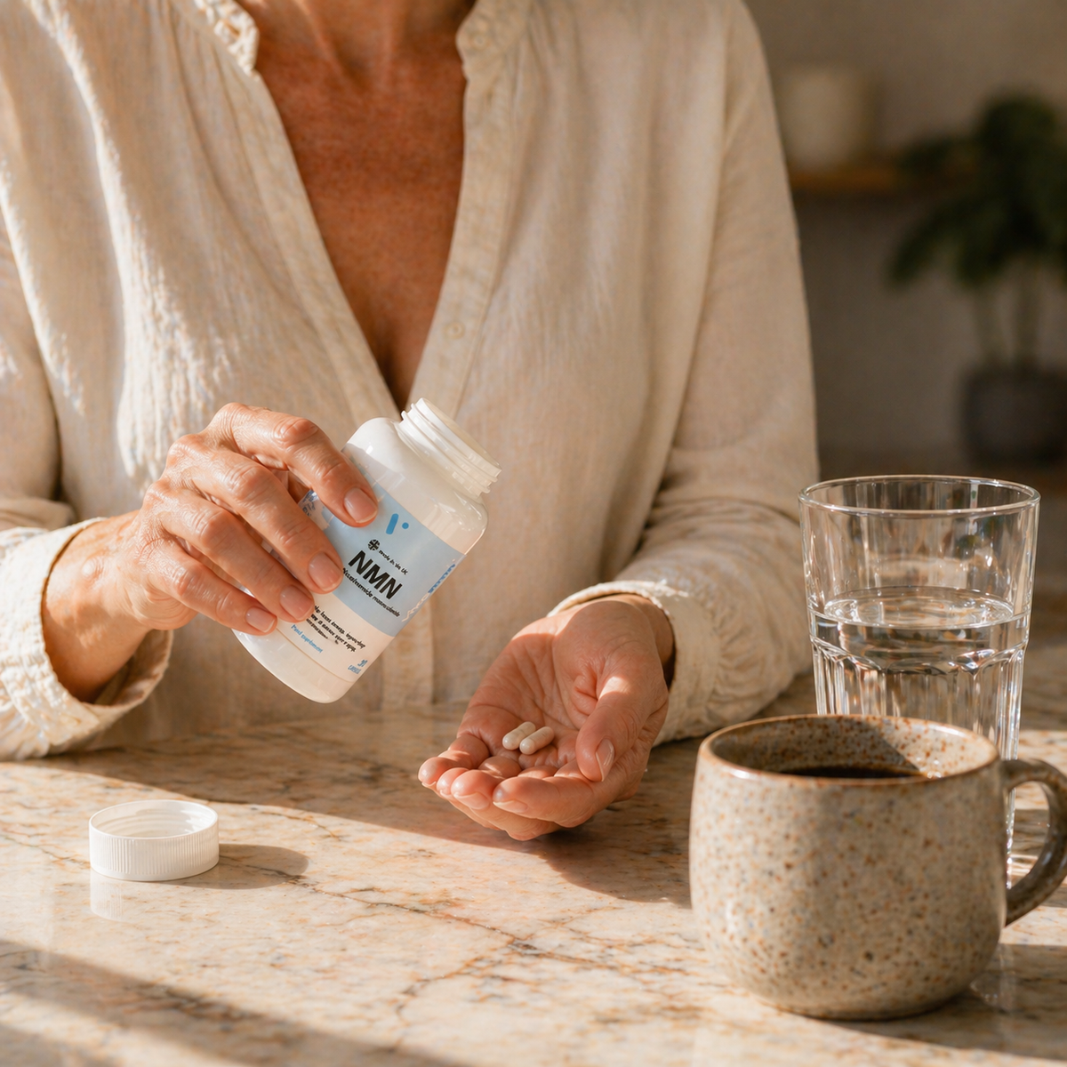 Taking Pure NMN capsules with morning coffee