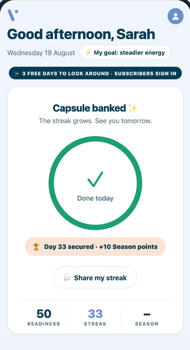 Viva Companion Today screen showing a capsule banked, a 33 day streak and 10 Season points earned